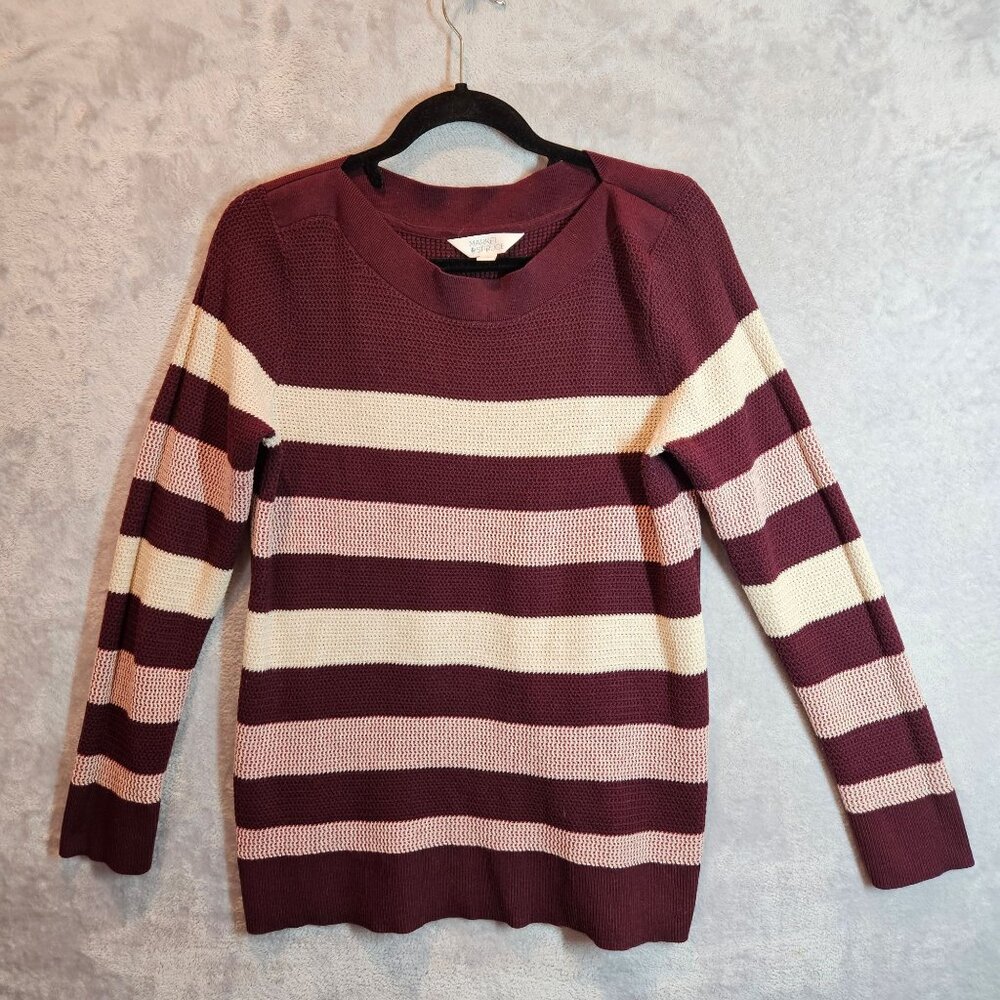 Market & Spruce Maroon Cream Striped Sweater Womens L office casual Long Sleeves